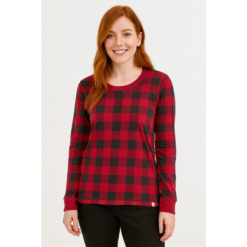 Women's Pact Red Black Plaid Long Sleeve Tee Shirt L